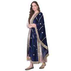 Generic Women's Velvet Gotta Patti Dupatta (Navy, Length: 2.25 to 2.50 Mtr)