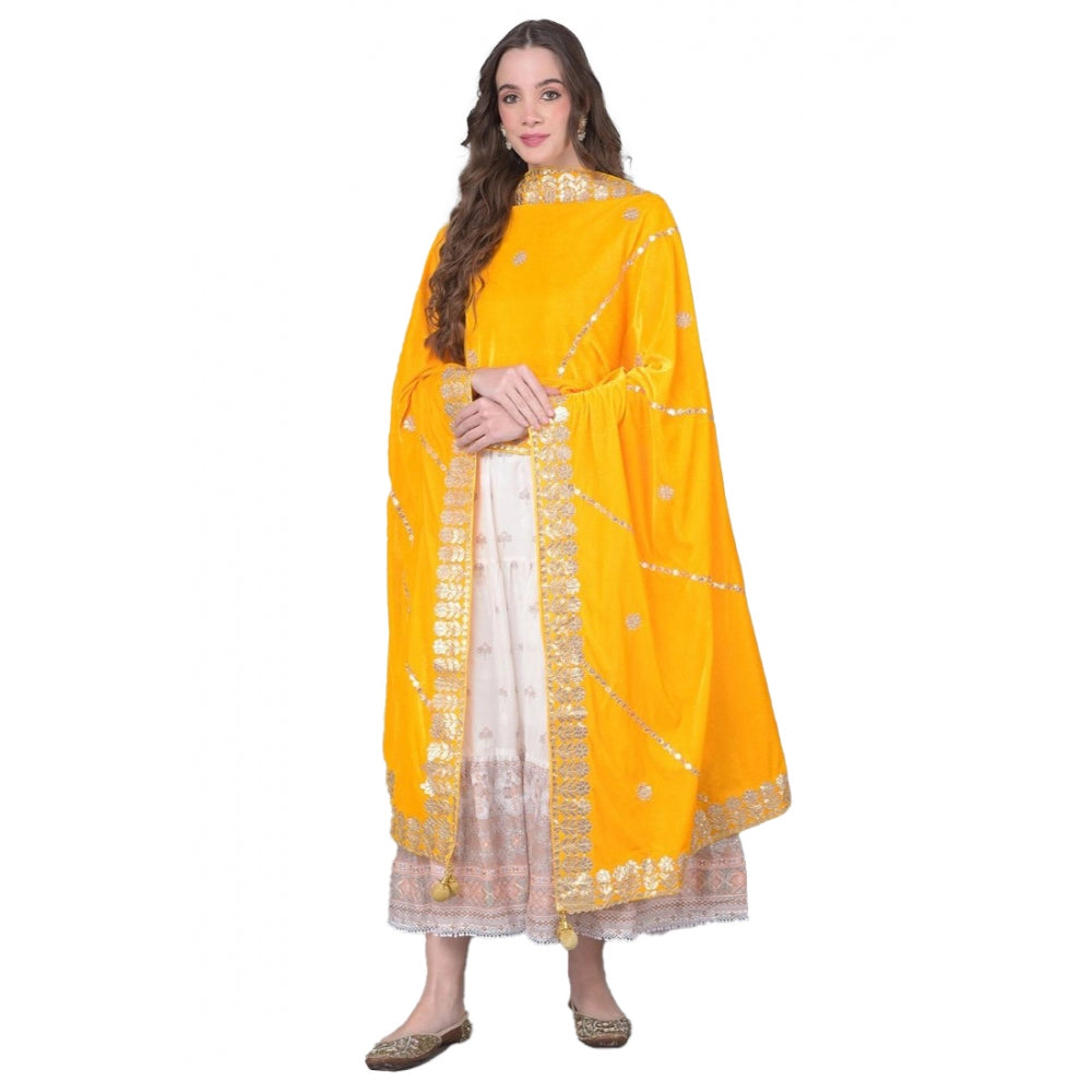 Generic Women's Velvet Gotta Patti Dupatta (Yellow, Length: 2.25 to 2.50 Mtr)