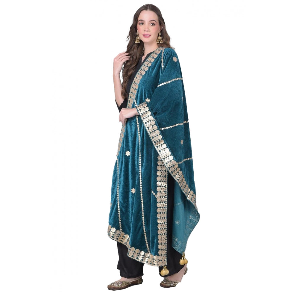 Generic Women's Velvet Gotta Patti Dupatta (Teal, Length: 2.25 to 2.50 Mtr)