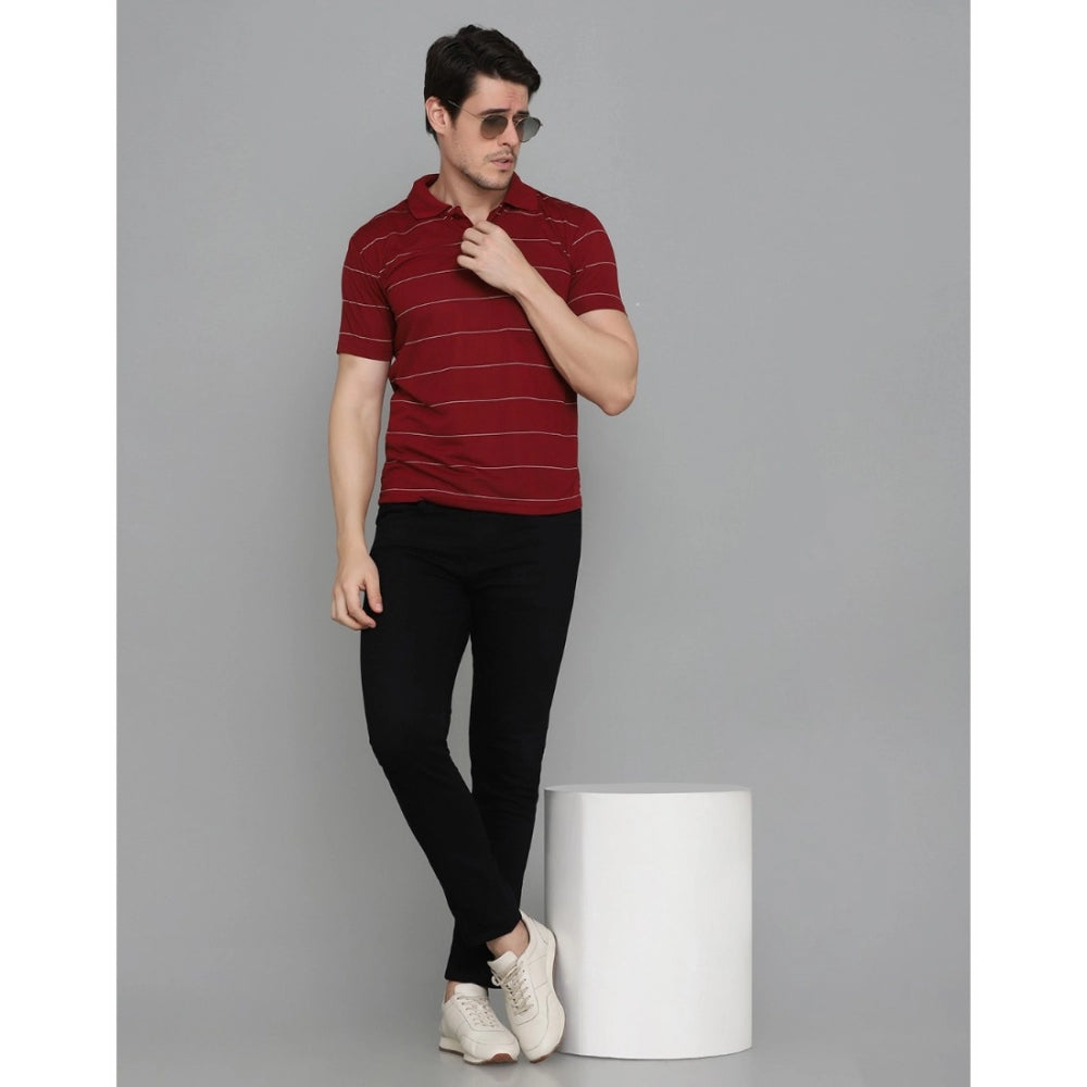 Generic Men's Casual Half Sleeve Striped Cotton Blended Polo Neck T-shirt (Maroon)