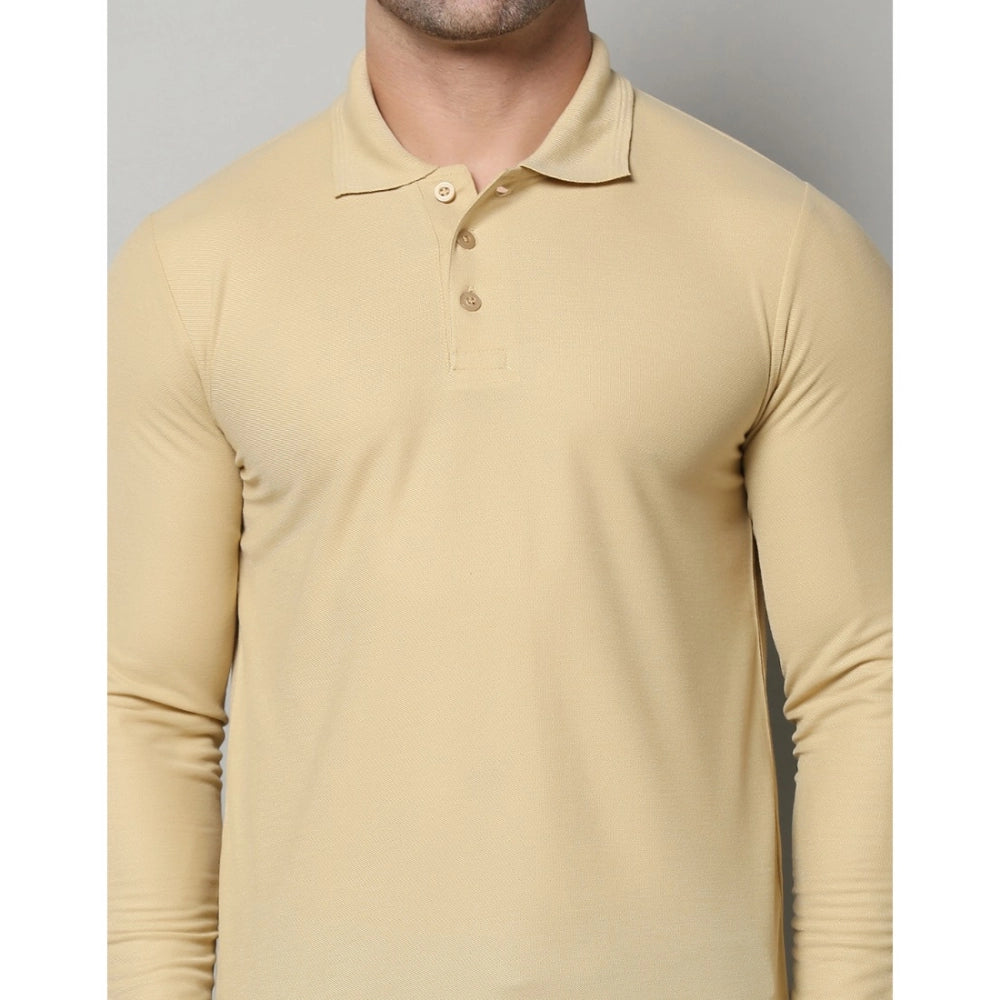 Generic Men's Casual Full Sleeve Solid Cotton Blended Polo Neck T-shirt (Beige)