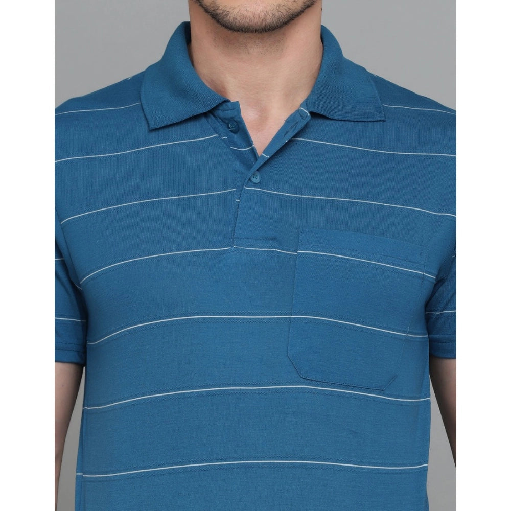 Generic Men's Casual Half Sleeve Striped Cotton Blended Polo Neck T-shirt (Teel Blue)