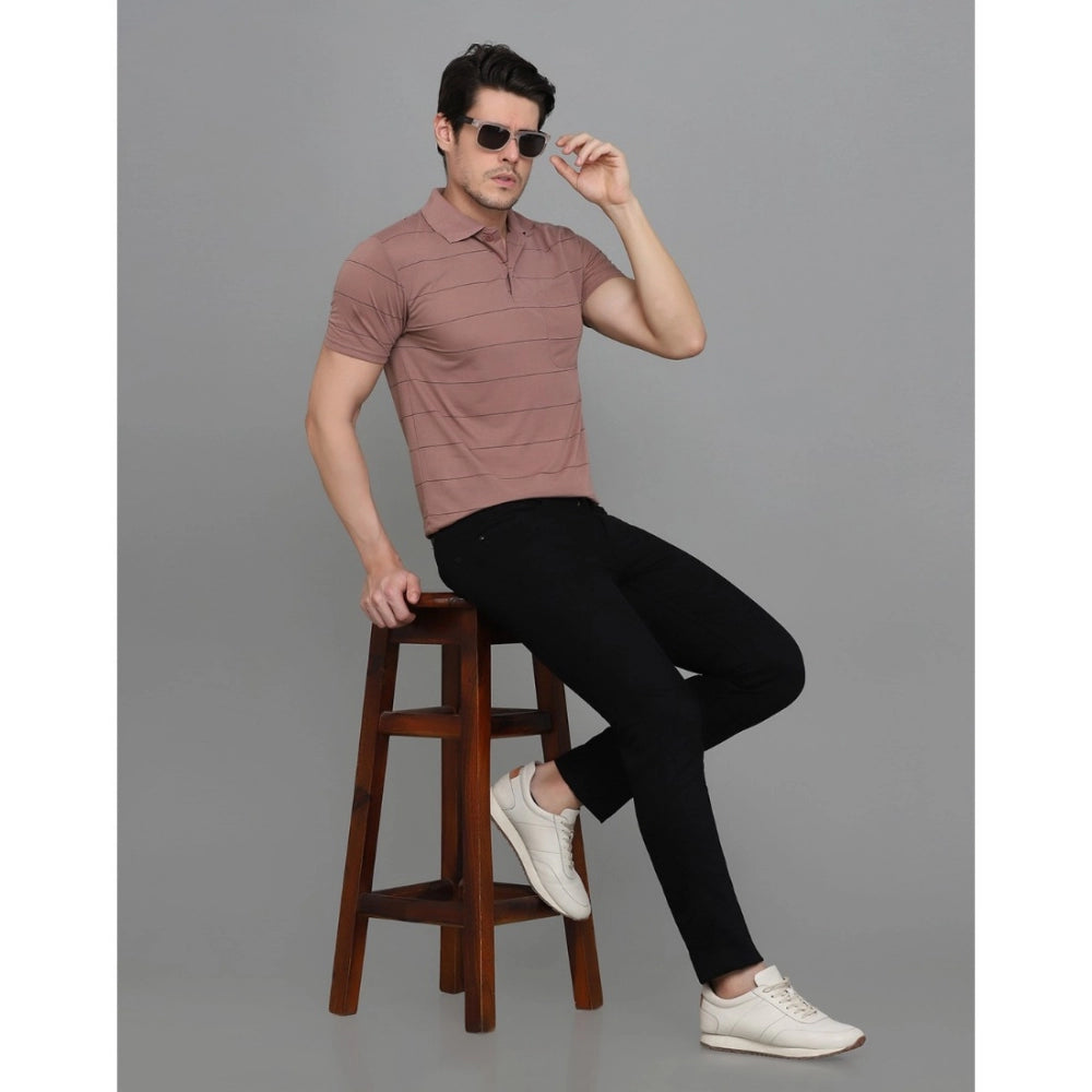 Generic Men's Casual Half Sleeve Striped Cotton Blended Polo Neck T-shirt (Pink)