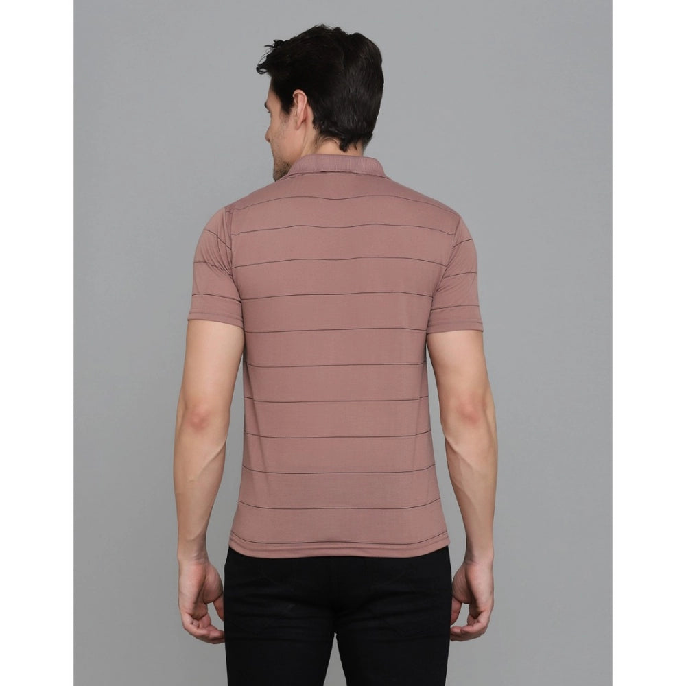 Generic Men's Casual Half Sleeve Striped Cotton Blended Polo Neck T-shirt (Pink)