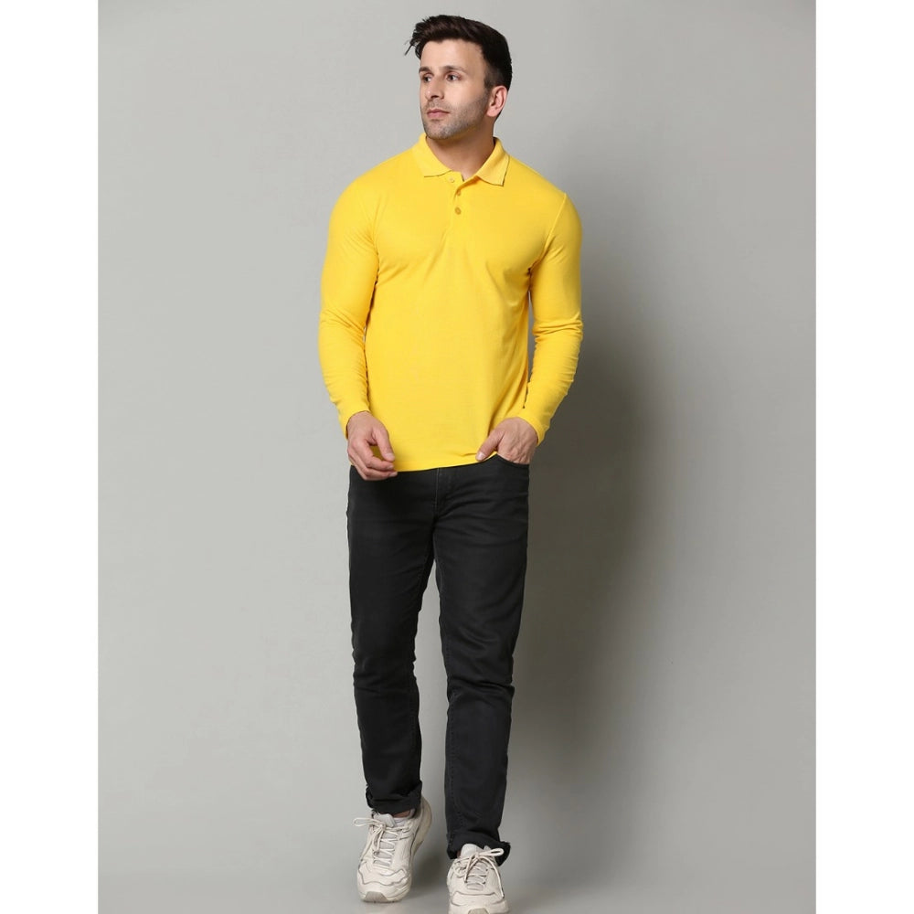 Generic Men's Casual Full Sleeve Solid Cotton Blended Polo Neck T-shirt (Yellow)