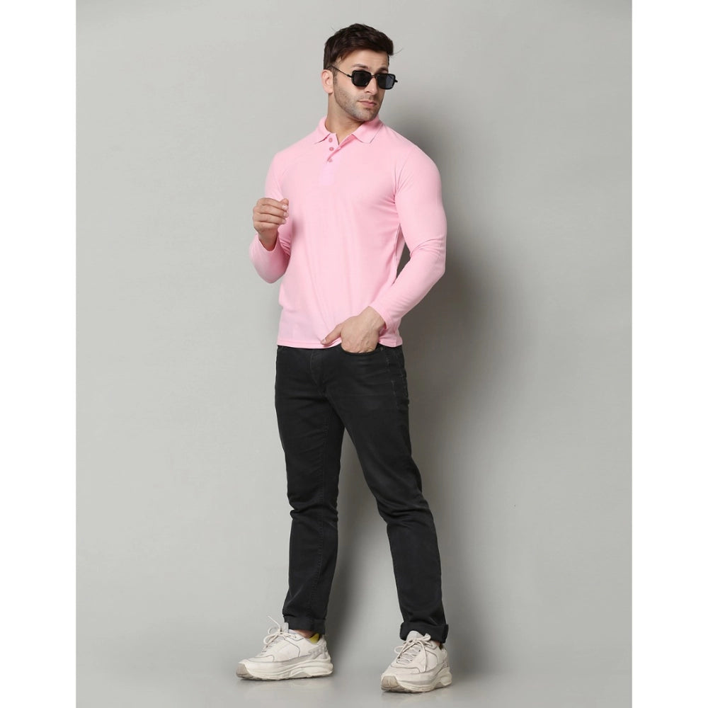 Generic Men's Casual Full Sleeve Solid Cotton Blended Polo Neck T-shirt (Pink)