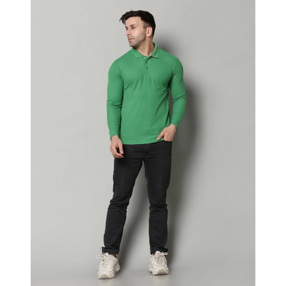 Generic Men's Casual Full Sleeve Solid Cotton Blended Polo Neck T-shirt (P.Green)