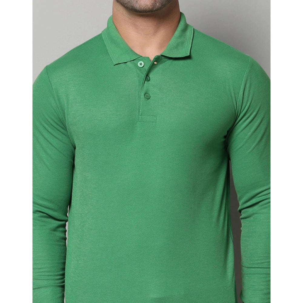 Generic Men's Casual Full Sleeve Solid Cotton Blended Polo Neck T-shirt (P.Green)