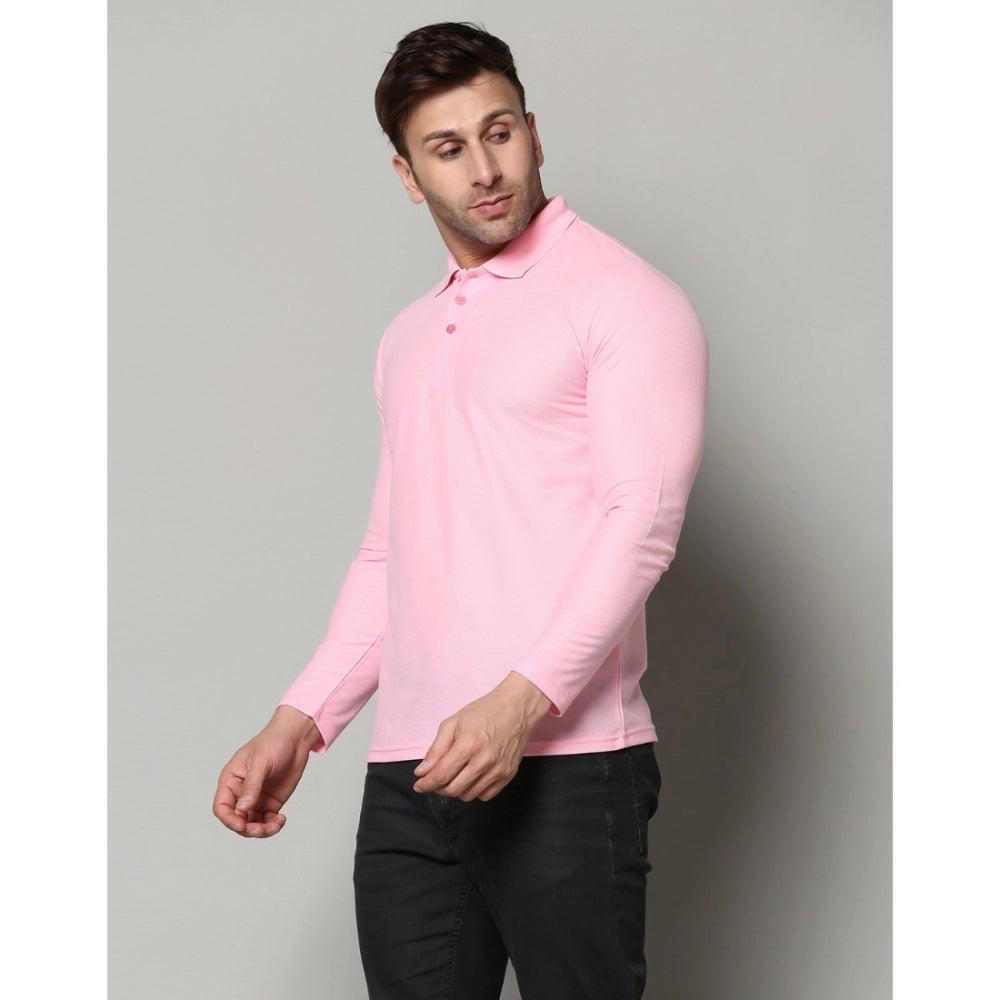 Generic Herren-T-Shirt mit langen Ärmeln und Polokragen aus massiver Baumwollmischung (Rosa)