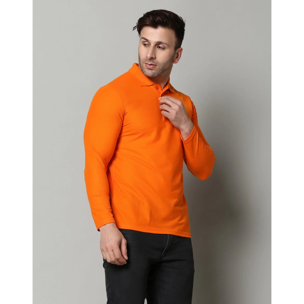 Generic Men's Casual Full Sleeve Solid Cotton Blended Polo Neck T-shirt (Orange)