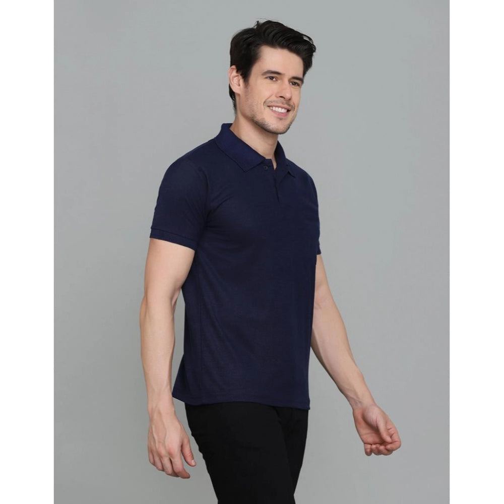 Generic Men's Casual Half Sleeve Solid Cotton Blended Polo Neck T-shirt (Navy Blue)