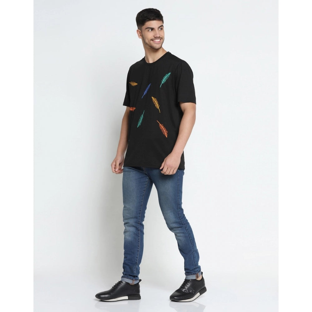 Generisches Herren-T-Shirt mit halblangen Ärmeln und Rundhalsausschnitt aus Baumwollmischung mit Aufdruck (Schwarz)