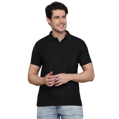 Generic Men's Casual Half Sleeve Solid Cotton Blended Polo Neck T-shirt (Black)