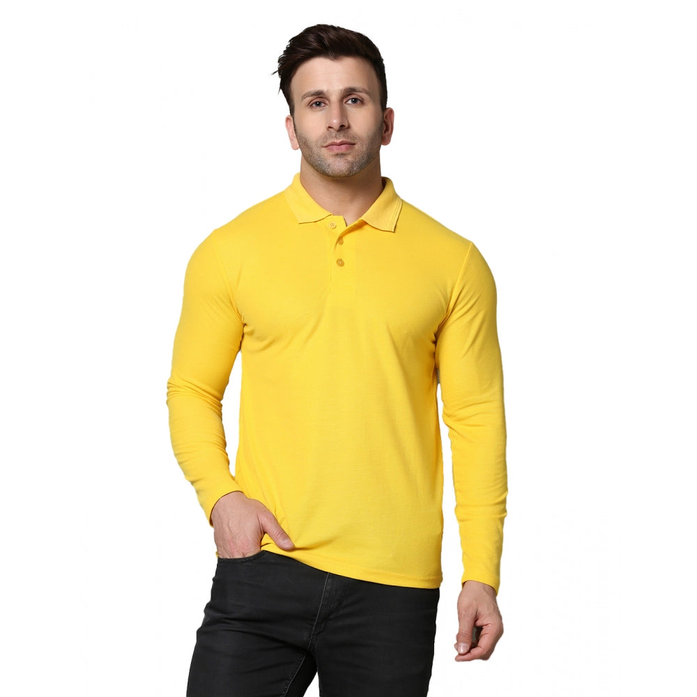 Generic Men's Casual Full Sleeve Solid Cotton Blended Polo Neck T-shirt (Yellow)