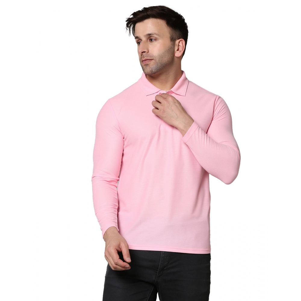 Generic Men's Casual Full Sleeve Solid Cotton Blended Polo Neck T-shirt (Pink)