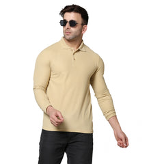 Generic Herren-T-Shirt mit langen Ärmeln und Polokragen aus massiver Baumwollmischung (Beige)