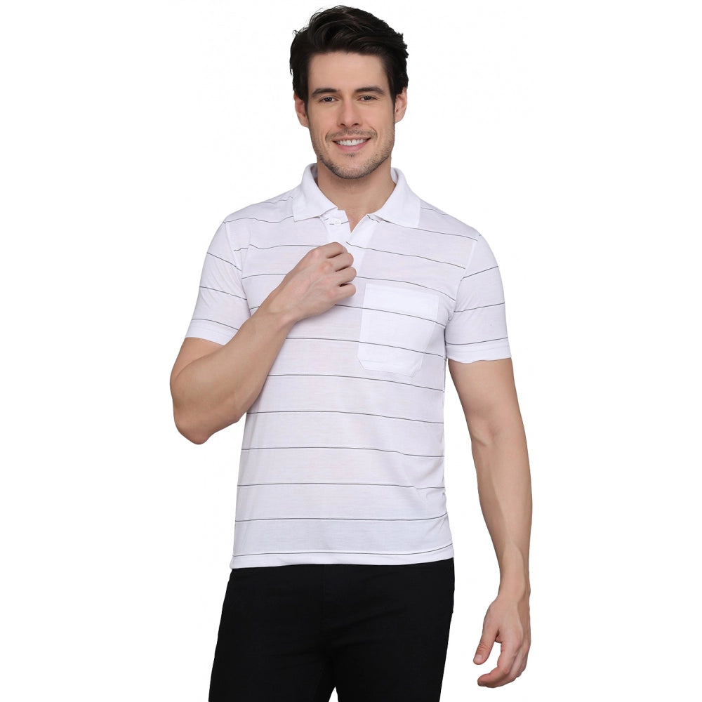 Generic Men's Casual Half Sleeve Striped Cotton Blended Polo Neck T-shirt (White)