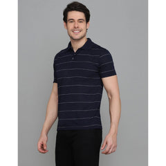 Generic Men's Casual Half Sleeve Striped Cotton Blended Polo Neck T-shirt (Navy)