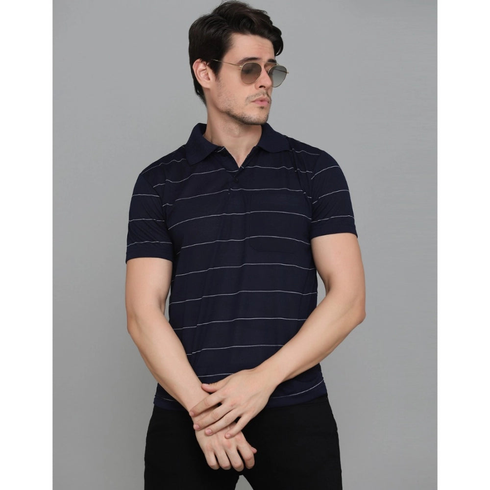 Generic Men's Casual Half Sleeve Striped Cotton Blended Polo Neck T-shirt (Navy)