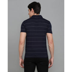 Generic Men's Casual Half Sleeve Striped Cotton Blended Polo Neck T-shirt (Navy)