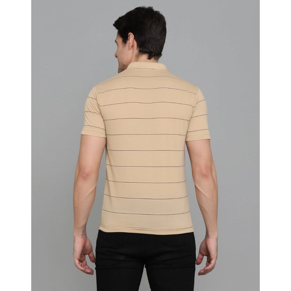 Generic Herren-T-Shirt mit halblangen Ärmeln und gestreiftem Polokragen aus Baumwollmischung (L.Beige)