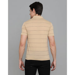 Generic Men's Casual Half Sleeve Striped Cotton Blended Polo Neck T-shirt (L.Beige)