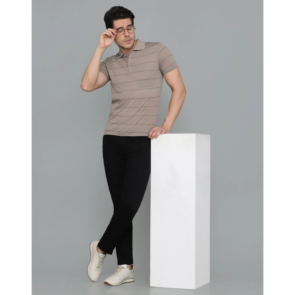 Generic Herren-T-Shirt mit halblangen Ärmeln, gestreift, aus Baumwollmischung, Polokragen (Beige)