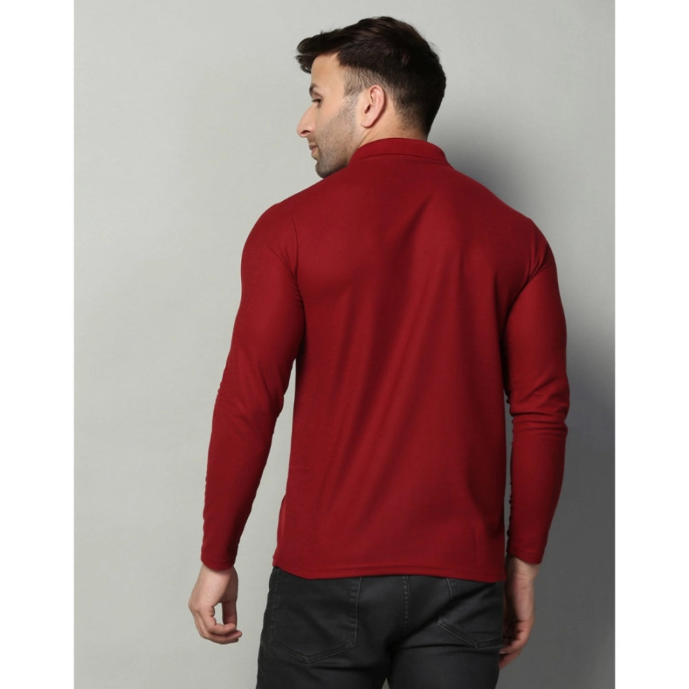 Generic Men's Casual Full Sleeve Solid Cotton Blended Polo Neck T-shirt (Maroon)