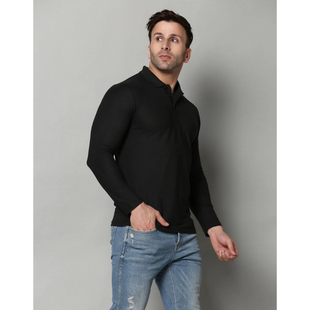 Generic Men's Casual Full Sleeve Solid Cotton Blended Polo Neck T-shirt (Black)