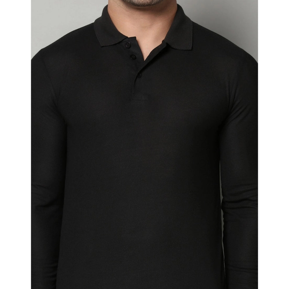 Generic Men's Casual Full Sleeve Solid Cotton Blended Polo Neck T-shirt (Black)