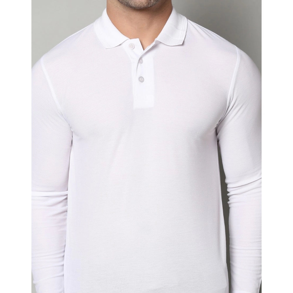 Generic Men's Casual Full Sleeve Solid Cotton Blended Polo Neck T-shirt (White)