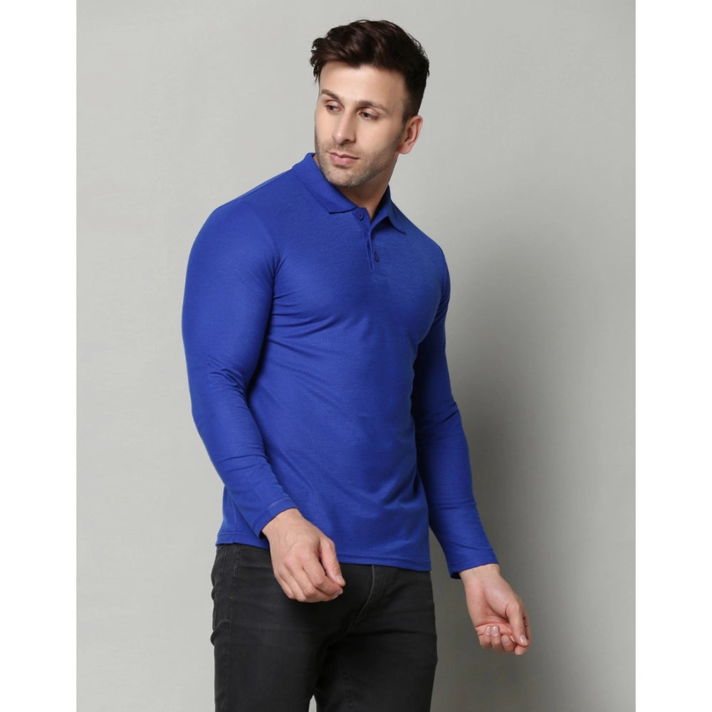 Generisches Herren-T-Shirt mit langem Arm, einfarbig, Polokragen, aus Baumwollmischung (Royalblau)