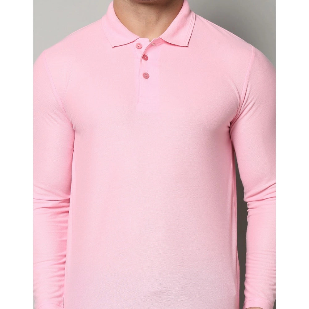 Generic Men's Casual Full Sleeve Solid Cotton Blended Polo Neck T-shirt (Pink)