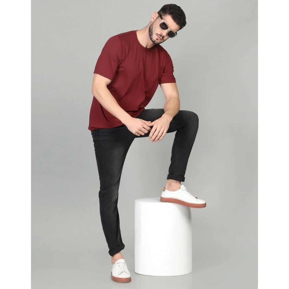 Generic Men's Casual Half Sleeve Solid Cotton Blended Round Neck T-shirt (Maroon)