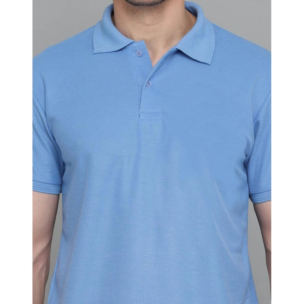 Generic Men's Casual Half Sleeve Solid Cotton Blended Polo Neck T-shirt (Blue)