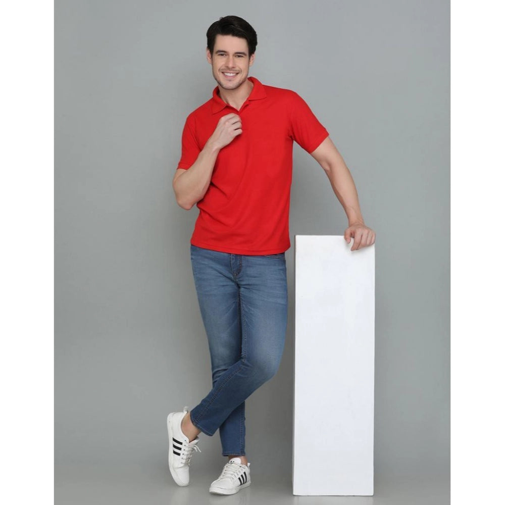 Generic Men's Casual Half Sleeve Solid Cotton Blended Polo Neck T-shirt (Red)