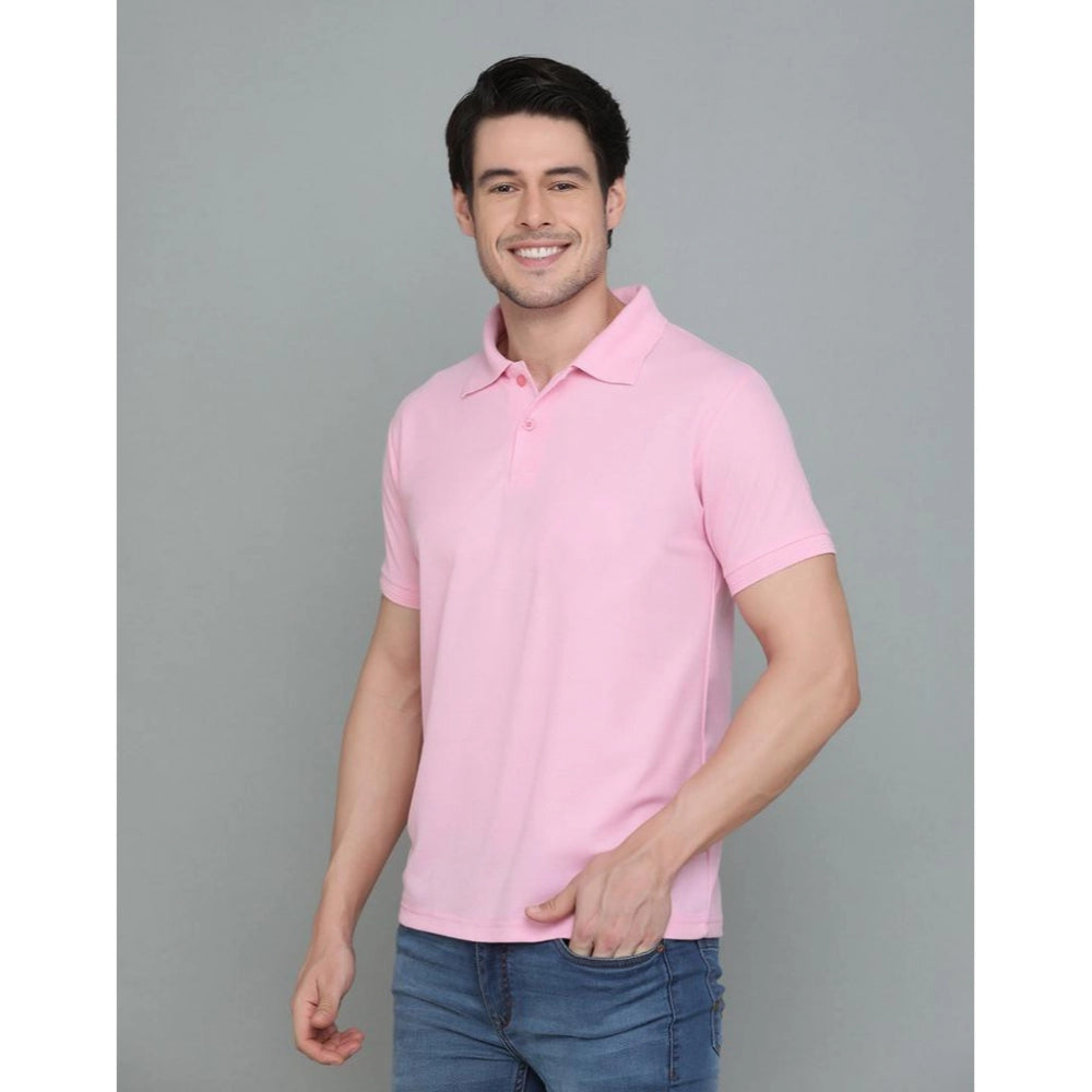 Generic Men's Casual Half Sleeve Solid Cotton Blended Polo Neck T-shirt (Pink)