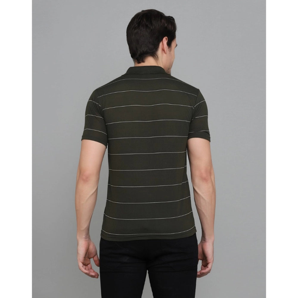 Generic Men's Casual Half Sleeve Striped Cotton Blended Polo Neck T-shirt (Green)