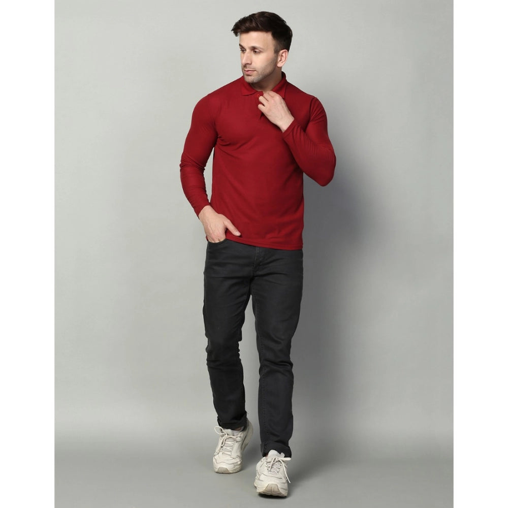 Generic Men's Casual Full Sleeve Solid Cotton Blended Polo Neck T-shirt (Maroon)