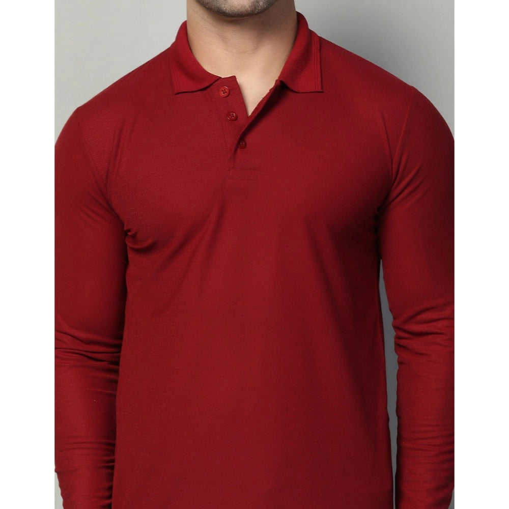 Generic Men's Casual Full Sleeve Solid Cotton Blended Polo Neck T-shirt (Maroon)