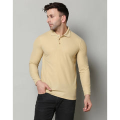 Generic Men's Casual Full Sleeve Solid Cotton Blended Polo Neck T-shirt (Beige)