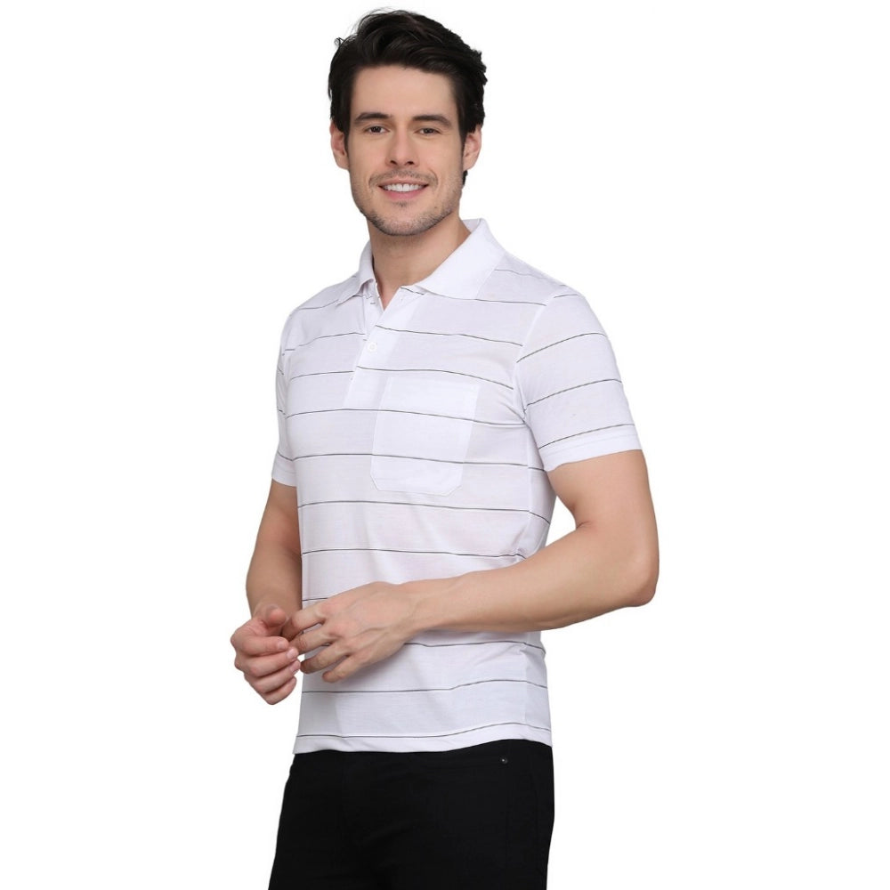 Generic Men's Casual Half Sleeve Striped Cotton Blended Polo Neck T-shirt (White)