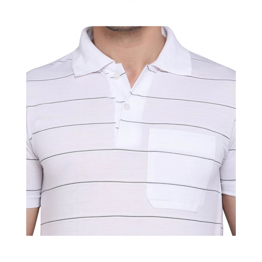 Generic Men's Casual Half Sleeve Striped Cotton Blended Polo Neck T-shirt (White)