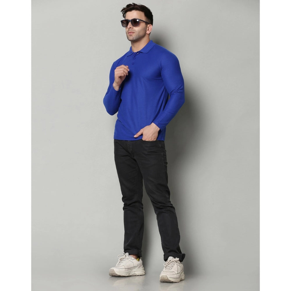 Generisches Herren-T-Shirt mit langem Arm, einfarbig, Polokragen, aus Baumwollmischung (Royalblau)