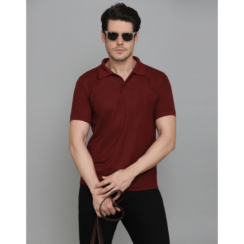 Generic Men's Casual Half Sleeve Solid Cotton Blended Polo Neck T-shirt (Maroon)