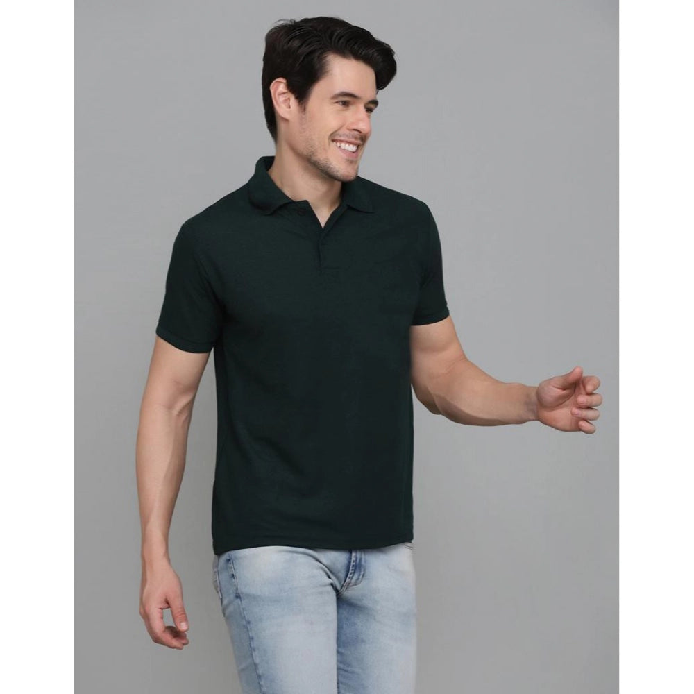 Generic Men's Casual Half Sleeve Solid Cotton Blended Polo Neck T-shirt (Green)