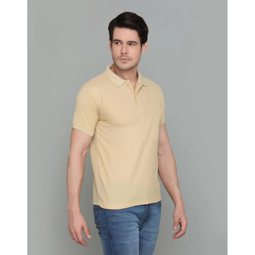 Generic Men's Casual Half Sleeve Solid Cotton Blended Polo Neck T-shirt (Beige)