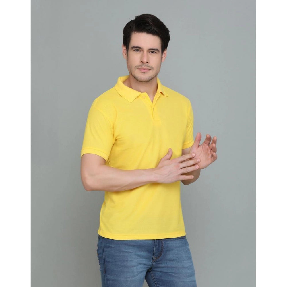 Generic Men's Casual Half Sleeve Solid Cotton Blended Polo Neck T-shirt (Yellow)