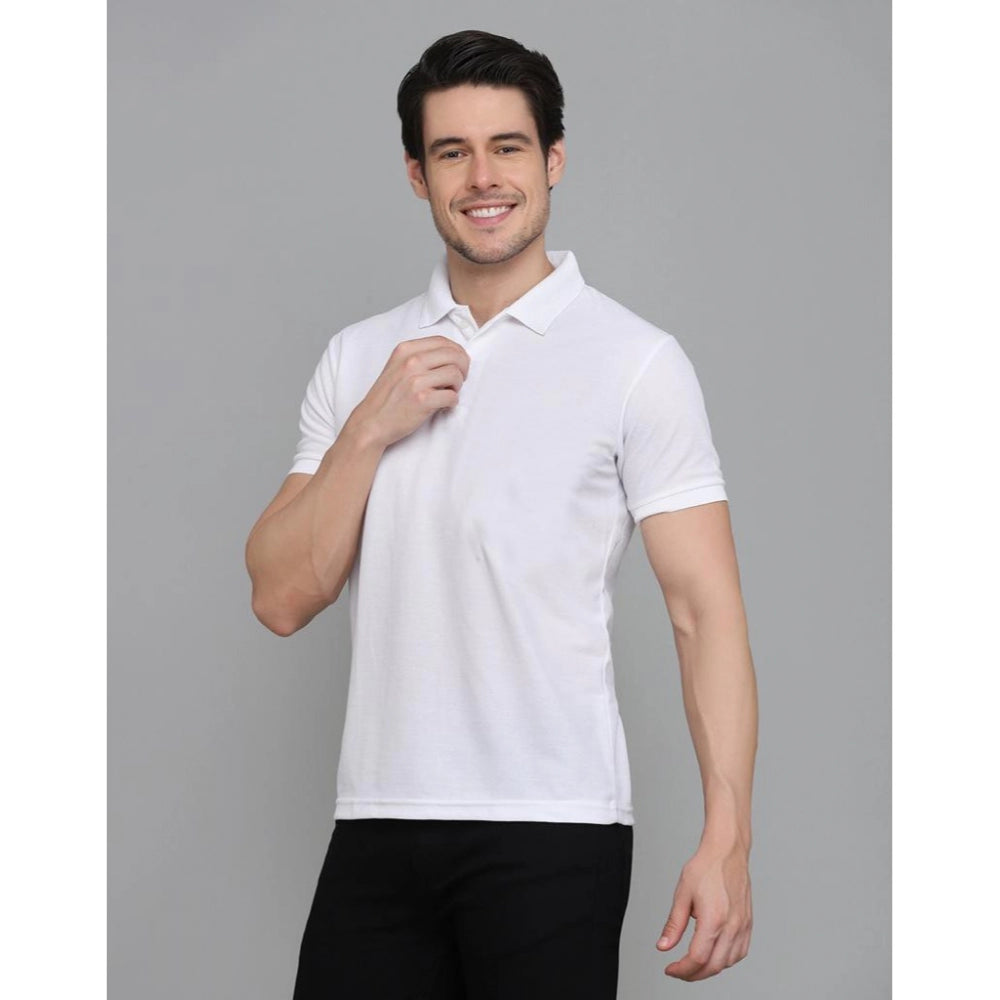 Generic Men's Casual Half Sleeve Solid Cotton Blended Polo Neck T-shirt (White)