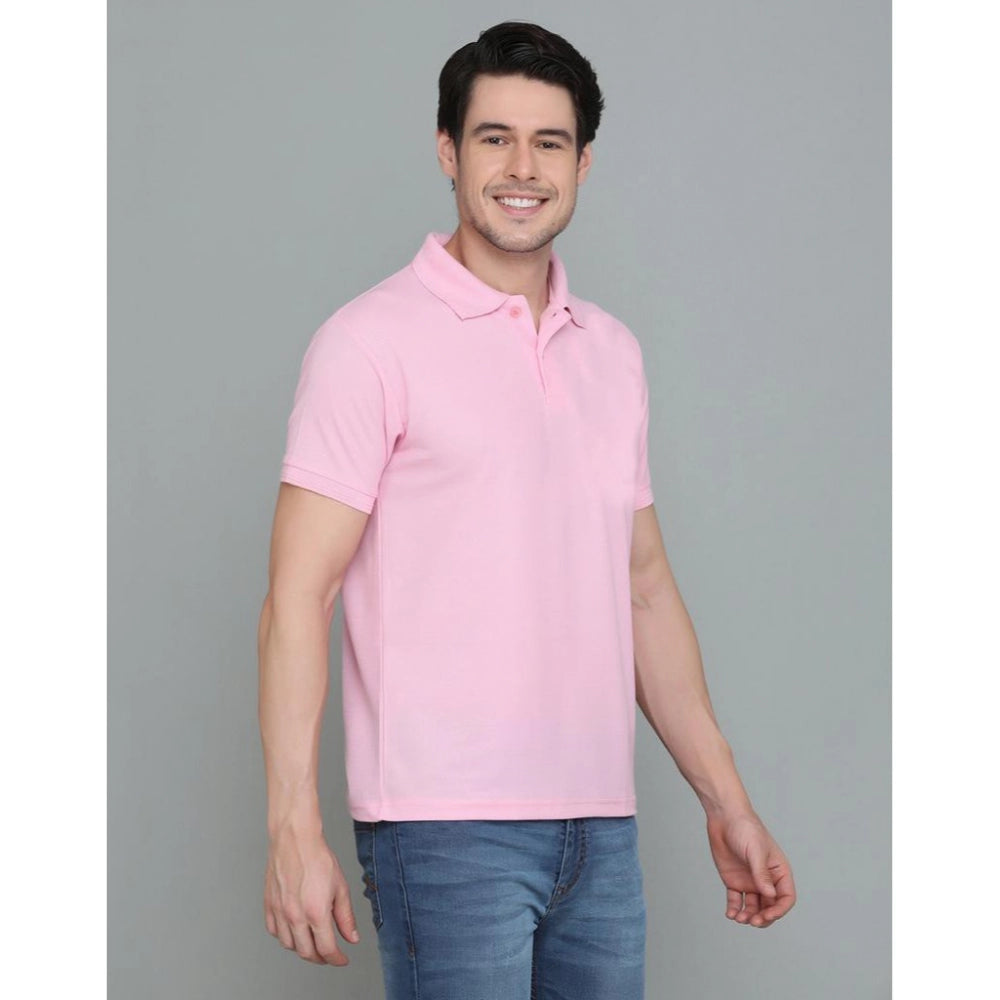 Generic Men's Casual Half Sleeve Solid Cotton Blended Polo Neck T-shirt (Pink)